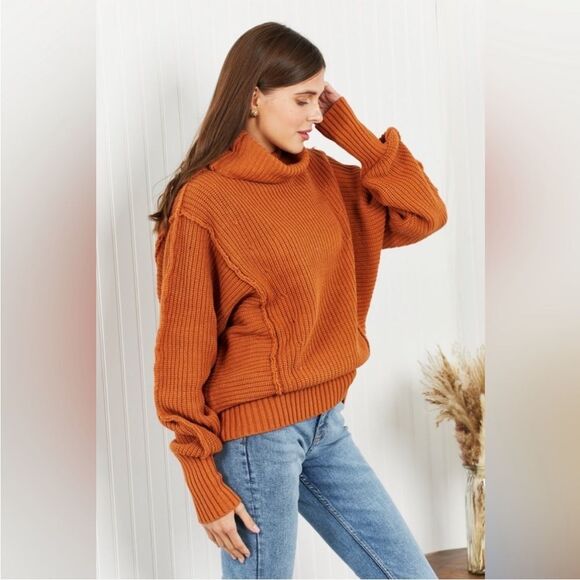 Zenana Exposed Seam Turtleneck Rib-Knit Sweater - Picture 1 of 9